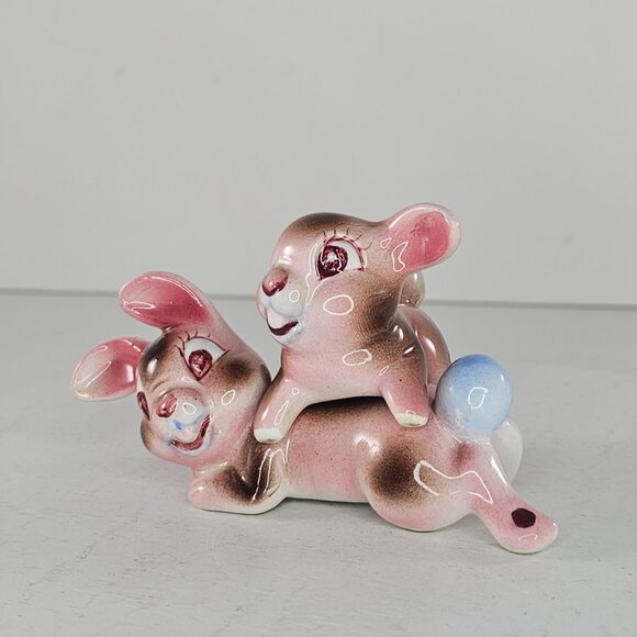 Vintage Pink Bunny Rabbit Salt Pepper Shaker Set Figurines Ceramic Japan *Repair - Picture 2 of 12